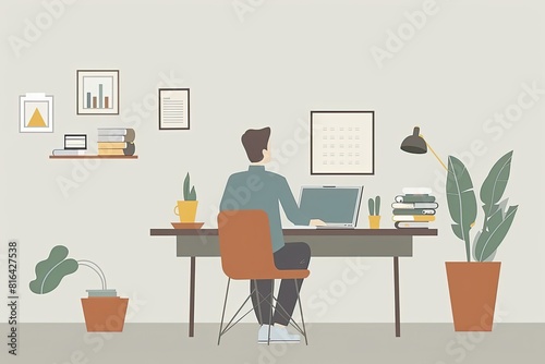 An analyst is compiling data on a laptop in a minimalist and functional home office area. Simple and minimalist flat Vector Illustration --ar 3:2 Job ID: 052cb7e9-d061-459b-9ad0-a05a1a26a73b