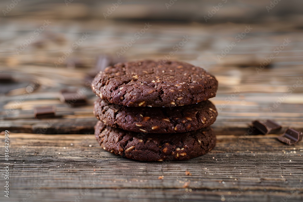 A stack of chocolate cookies sitting on top of a wooden table