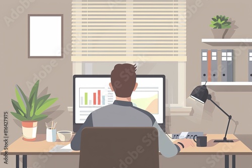 An analyst is compiling reports on a computer in a minimalist and well-structured home office. Simple and minimalist flat Vector Illustration 