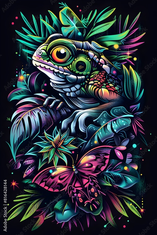 Vibrant Synthwave of the Diverse Rainforest Ecosystem on Dark Background Vibrant Synthwave of the Diverse Rainforest Ecosystem on Dark Background