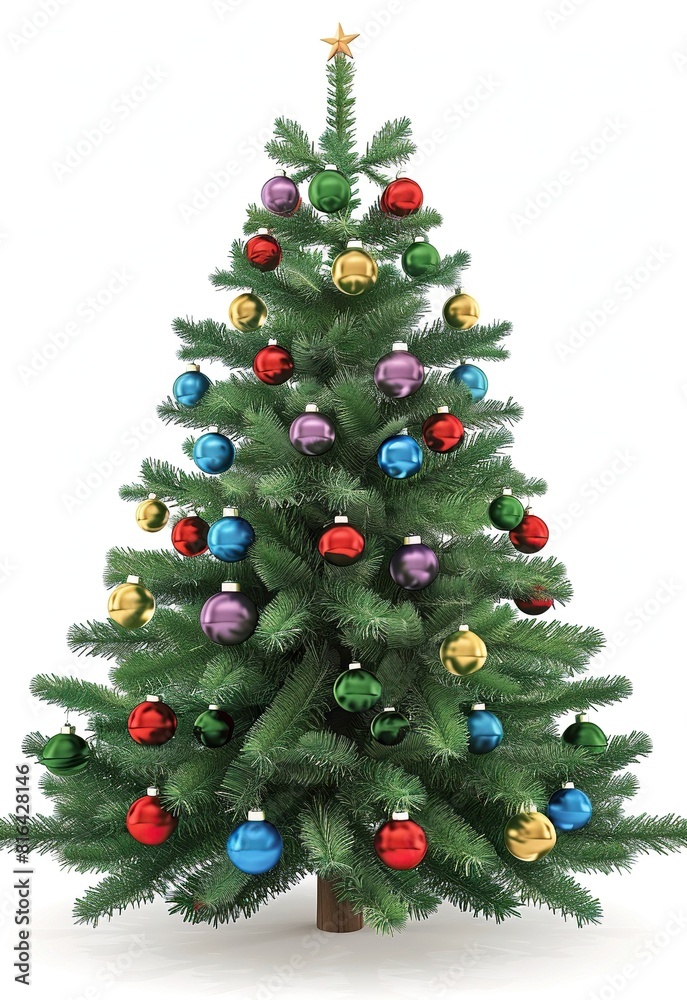 a festive christmas tree adorned with ornaments, including a gold star, stands in front of a isolated background a festive christmas tree adorned with ornaments, including a gold star, stands in front of a isolated background