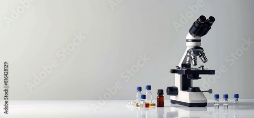 photo of simple microscope and small vials on white background, side view, minimalism, copy space concept photo