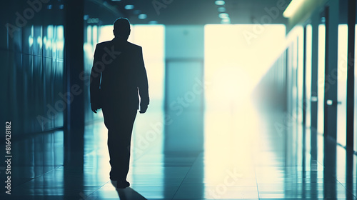 Silhouette of a businessman in full height a man inside the office walks along the corridor companies an employee in a business suit : Generative AI © Generative AI