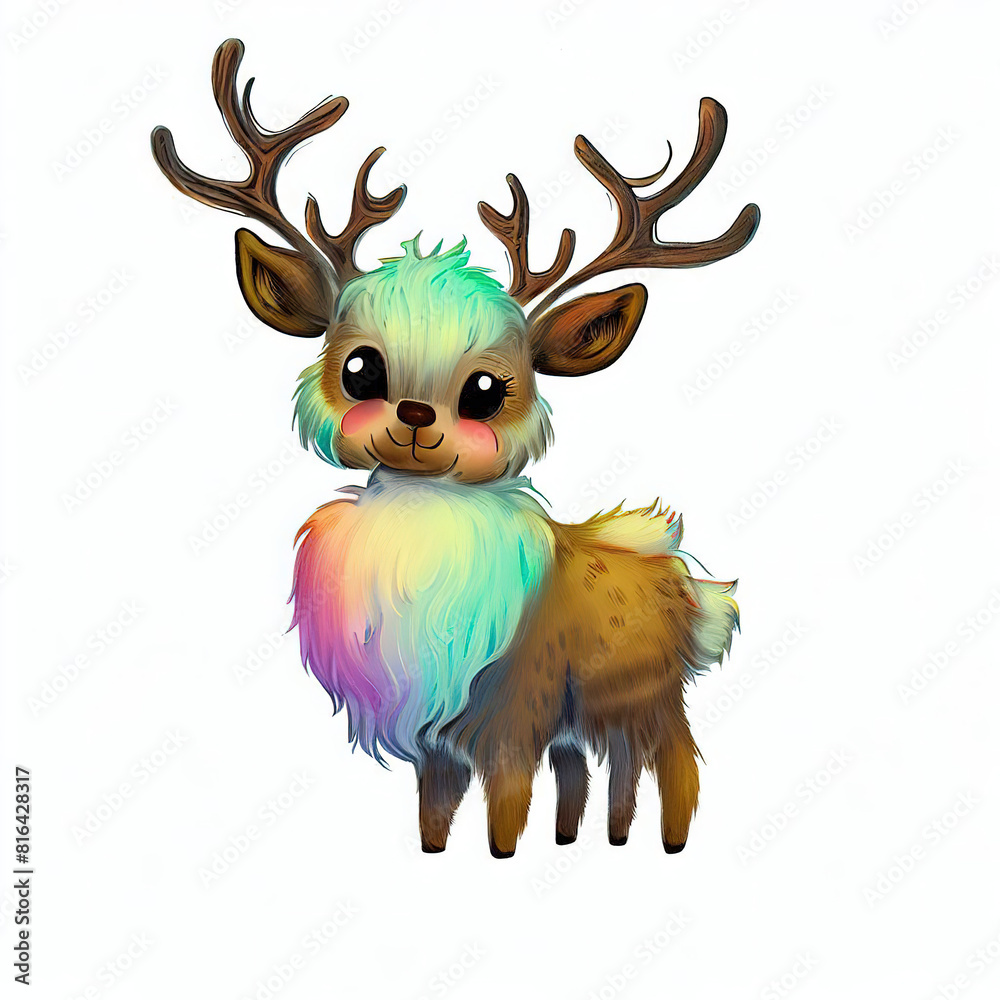 Fototapeta premium colorful cartoon reindeer isolated in a white background, happy deer illustration. made with generative ai technology