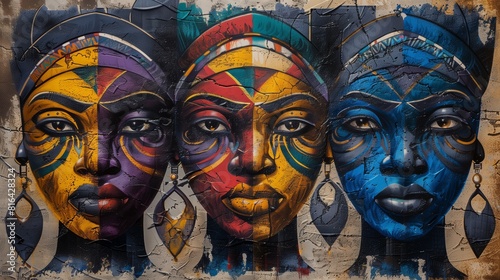 Colorful illustration of female faces painted on the wall.