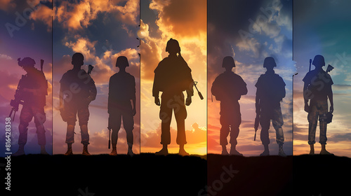 Six military silhouettes on sunset sky background   Generative AI