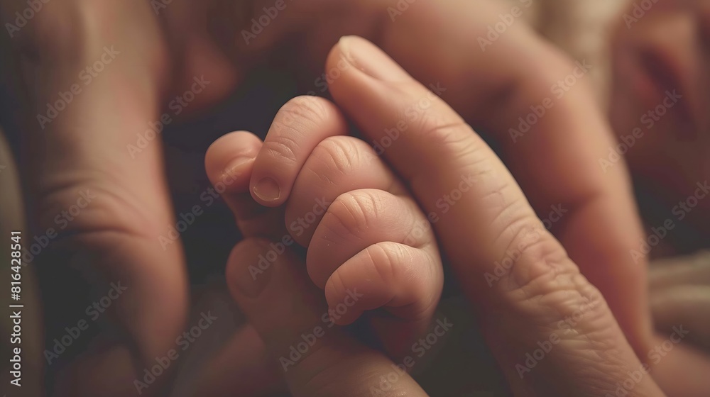 Closeup little hand of child and palm of mother and father The newborn baby has a firm grip on the parents finger after birth A newborn holds on to moms dads finger : Generative AI Closeup little hand of child and palm of mother and father The newborn baby has a firm grip on the parents finger after birth A newborn holds on to moms dads finger : Generative AI