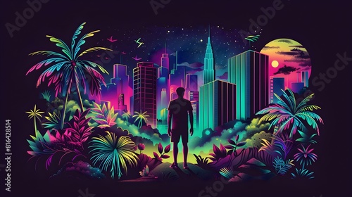 Wander Through Lush Futuristic City Landscape with Vivid Neon Synthwave Elements and Towering Skyscrapers Under Starry Night Sky