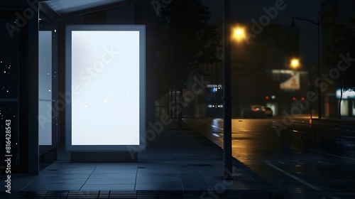 Blank white mock up of vertical light box in a bus stop at night : Generative AI