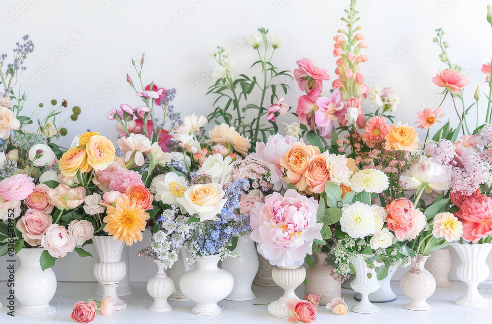 an array of colorful flowers in vases, arranged on a table for a meadow flower shop display. The variety includes roses and daisies with pastel colors like pink, orange, purple, yellow, green, white, 