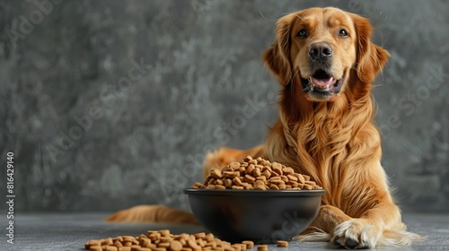 a brown dog eagerly awaits to eat from a black bowl, with an open mouth and pink tongue, while its black nose sniffs the air