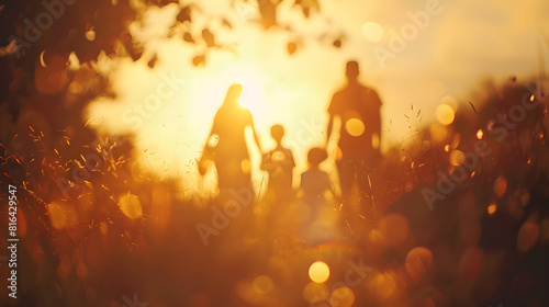 Happy family mother father children son and daughter on nature on sunset blurred background   Generative AI