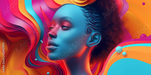 Illustration of a woman s head composed of complex geometric shapes and layers. Digital art  graphics  poster design.
