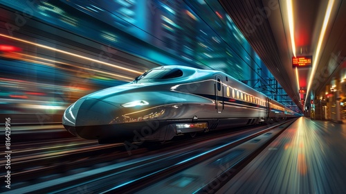 High Speed Bullet Train Blurring Through a Modern Station