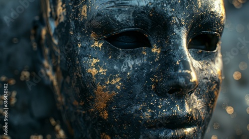 Mysterious Golden Mask Reflecting Sunlight in a Dramatic Close up