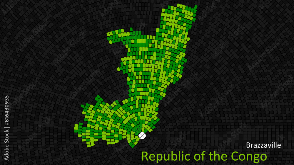 A map of Republic of the Congo is presented as a mosaic with a dark background, and the country's borders are outlined in the shape of a colorful mosaic, centered around the capital city. A map of Republic of the Congo is presented as a mosaic with a dark background, and the country's borders are outlined in the shape of a colorful mosaic, centered around the capital city.