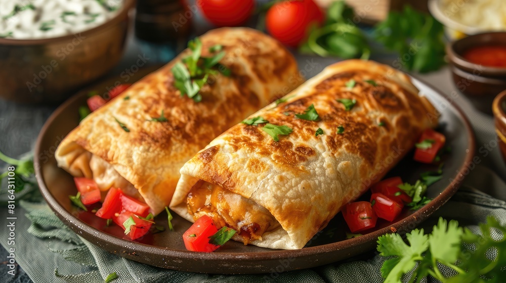 A common Mexican meal called Chimichanga consisting of filled tortilla A common Mexican meal called Chimichanga consisting of filled tortilla