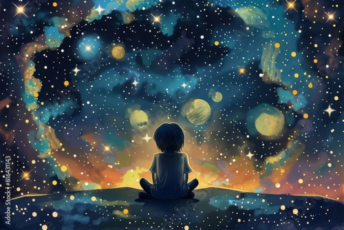 Cartoon cute doodles of a character sitting under a starry sky, contemplating the vastness of the universe and their place in it, Generative AI photo