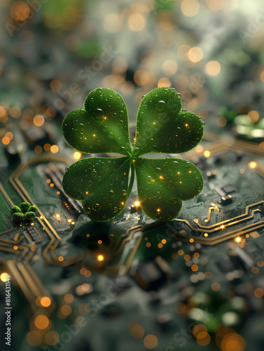 Green clover leaf on circuit board background with lights ,Digital technology concept