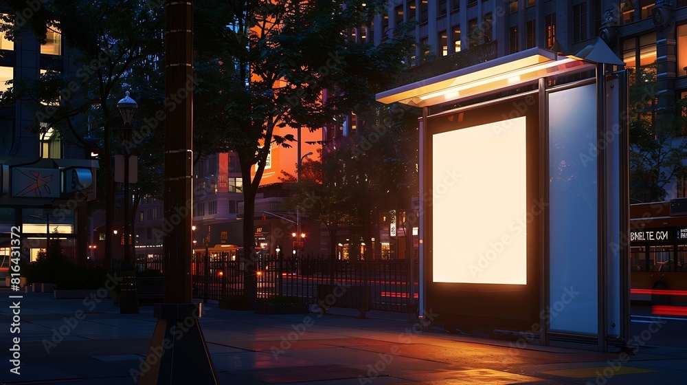 Blank white Banner light box Media Advertisement at bus stop City street Mock up board template : Generative AI Blank white Banner light box Media Advertisement at bus stop City street Mock up board template : Generative AI