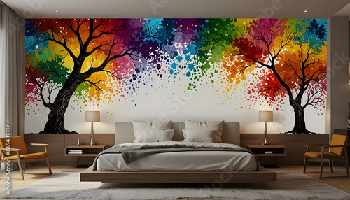 Fototapeta Naklejka Na Ścianę i Meble -  3d abstract tree colorful leaves wall art decor, interior mural wall art. Generative Ai