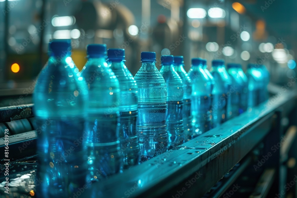 a conveyor belt filled with a variety of water bottles, including blue and clear bottles, with blue caps, arranged from left to right a conveyor belt filled with a variety of water bottles, including blue and clear bottles, with blue caps, arranged from left to right