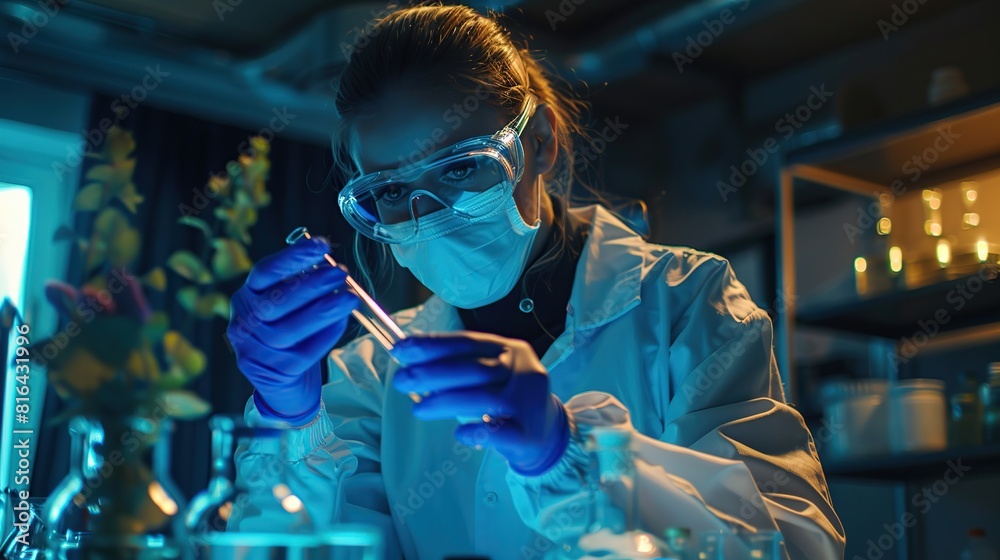 crop concentrated female chemist in protective uniform, gloves and goggles checking test tube during experiment in modern laboratory. copy space for text. crop concentrated female chemist in protective uniform, gloves and goggles checking test tube during experiment in modern laboratory. copy space for text.