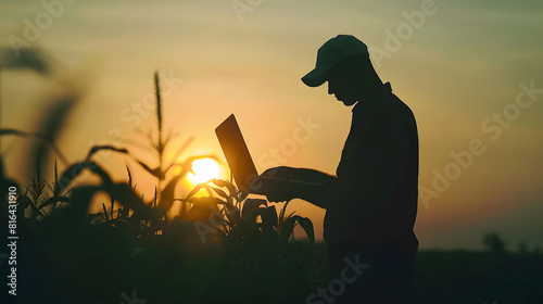 farmer silhouette work field laptop sunset indian man laptop work summer field standing background hand corn man with digital laptop his hands works field wheat sustainable landscape g : Generative AI