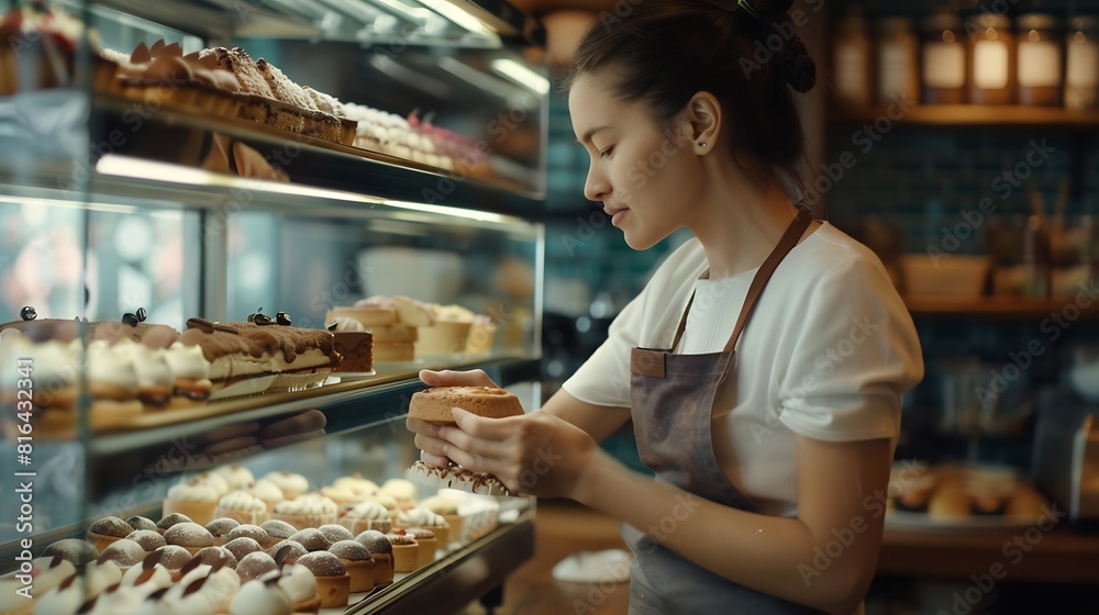 Handsome woman coffee shop employee placing pastry and cake in bakery refrigerator showcase at cafe Small business part time job concept : Generative AI