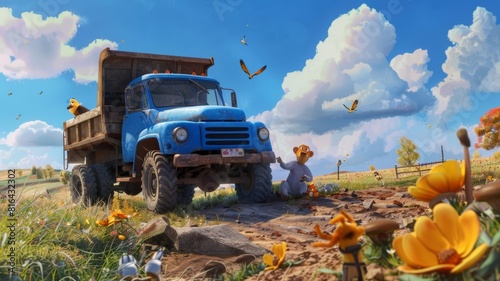 Little Blue Truck The Little Blue Truck helping out a stuck Dump Truck, with animal friends gathered around photo