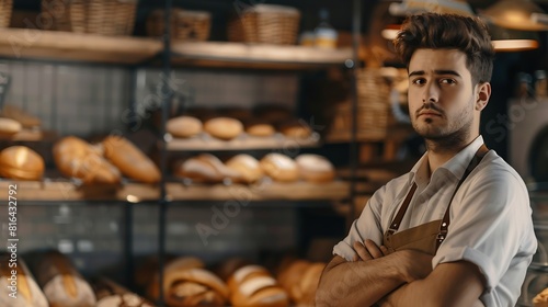 Picture of young concentrated man baker standing at bakery near bread Looking aside : Generative AI