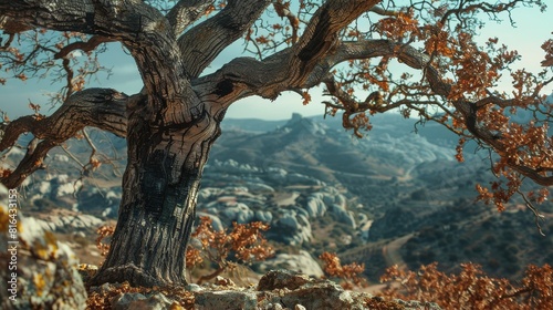 Dramatic close-up of an oak tree with burnt scars  set against a devastated mountain landscape  highlighting the aftermath of a fire