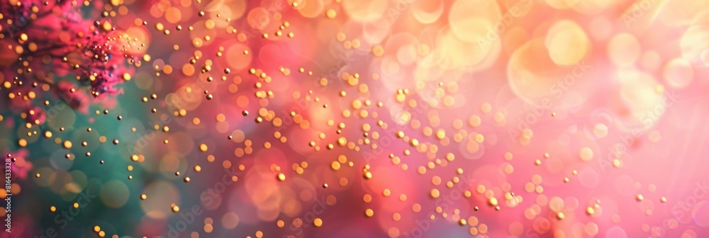 Abstract blur bokeh banner background. Gold bokeh on defocused emerald pink background