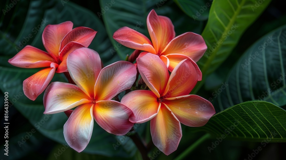 Detailed view of lush Plumeria blooms, focusing on their delicate petals and vibrant colors, set against rich greenery, studio lighting Detailed view of lush Plumeria blooms, focusing on their delicate petals and vibrant colors, set against rich greenery, studio lighting