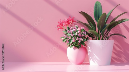 Photorealistic illustration of potted plants and flowers against a pink pastel background with copy space for text or logo  beautifully illuminated by studio lighting