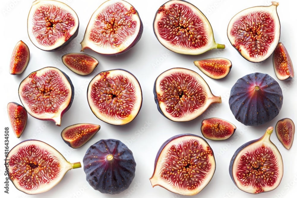 Diced figs neatly arranged in a grid pattern, isolated on white background