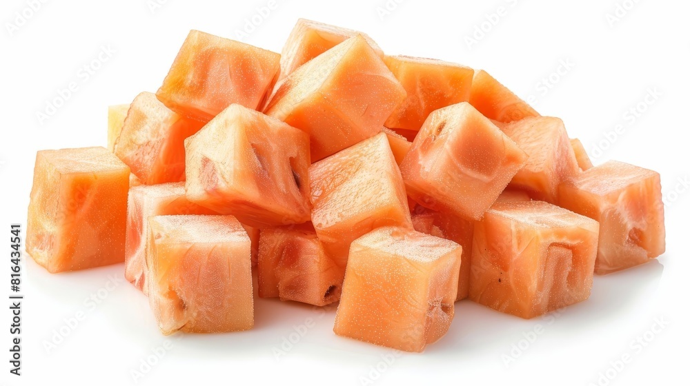 Diced papaya in a neat cube formation, isolated on white background Diced papaya in a neat cube formation, isolated on white background