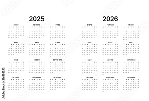 Spanish Calendar for 2025-2026. Scheduler, agenda or diary template. Week starts on Monday