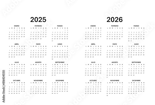 Spanish Calendar for 2025-2026. Scheduler, agenda or diary template. Week starts on Monday