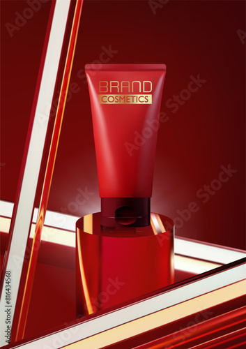 Cosmetic ad product with red crystal glass cubes. Cosmetic ad product with red crystal glass cubes. 3d cosmetic ad products . Realistic 3d vector illustration