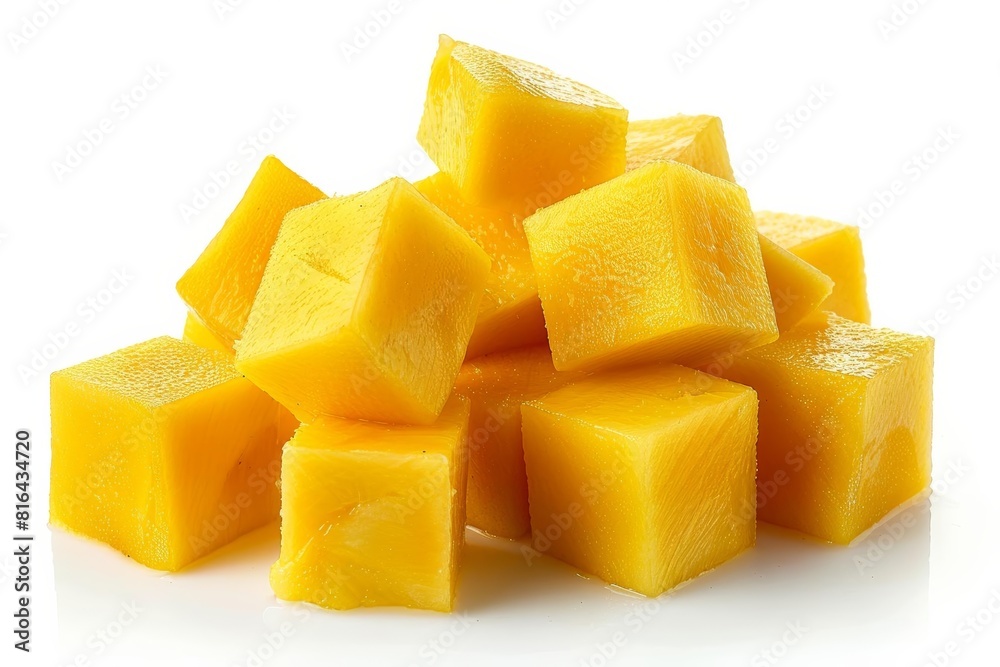 Mango cubes piled into a small mound, isolated on white background Mango cubes piled into a small mound, isolated on white background
