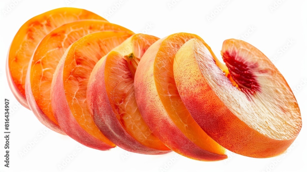 Peach slices fanned out with delicate spacing, isolated on white background Peach slices fanned out with delicate spacing, isolated on white background