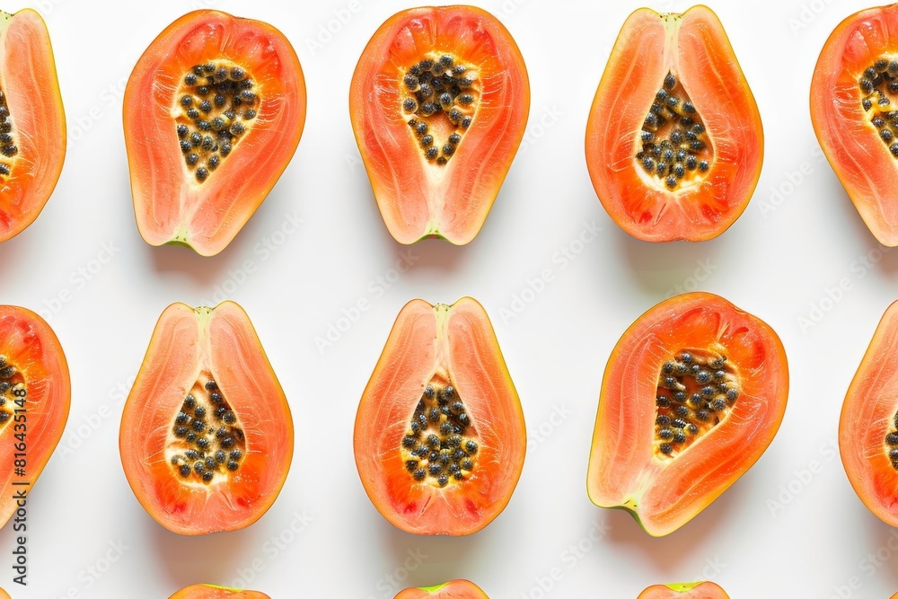 Several papaya halves lined up, seed side up, creating a repetitive pattern, isolated on white background Several papaya halves lined up, seed side up, creating a repetitive pattern, isolated on white background
