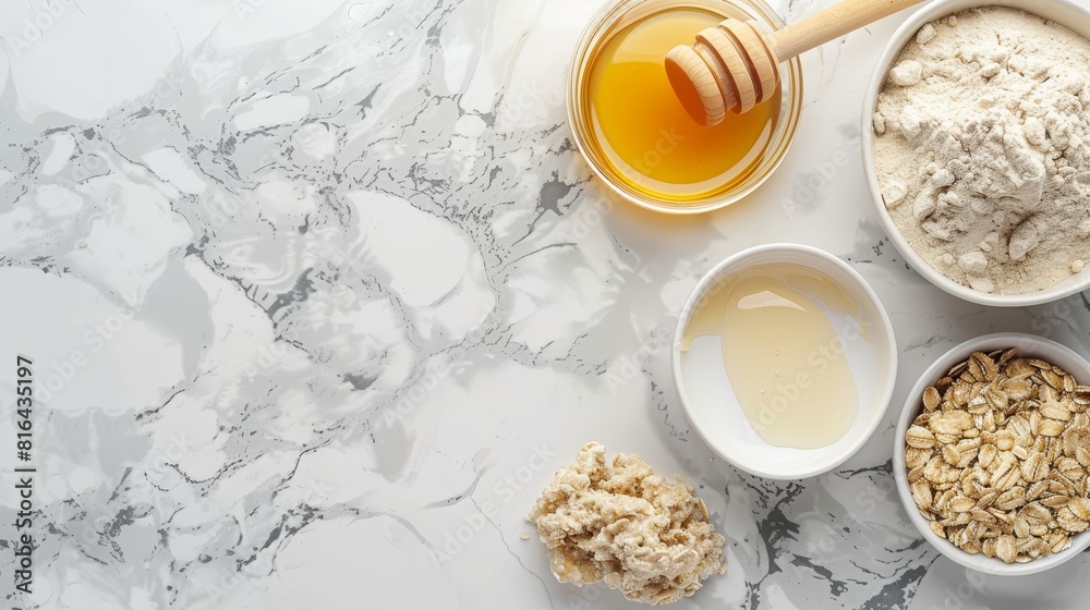 Detailed top view of a DIY skincare setup with honey and oatmeal, ready for mask preparation on a marble countertop, studio-lit Detailed top view of a DIY skincare setup with honey and oatmeal, ready for mask preparation on a marble countertop, studio-lit