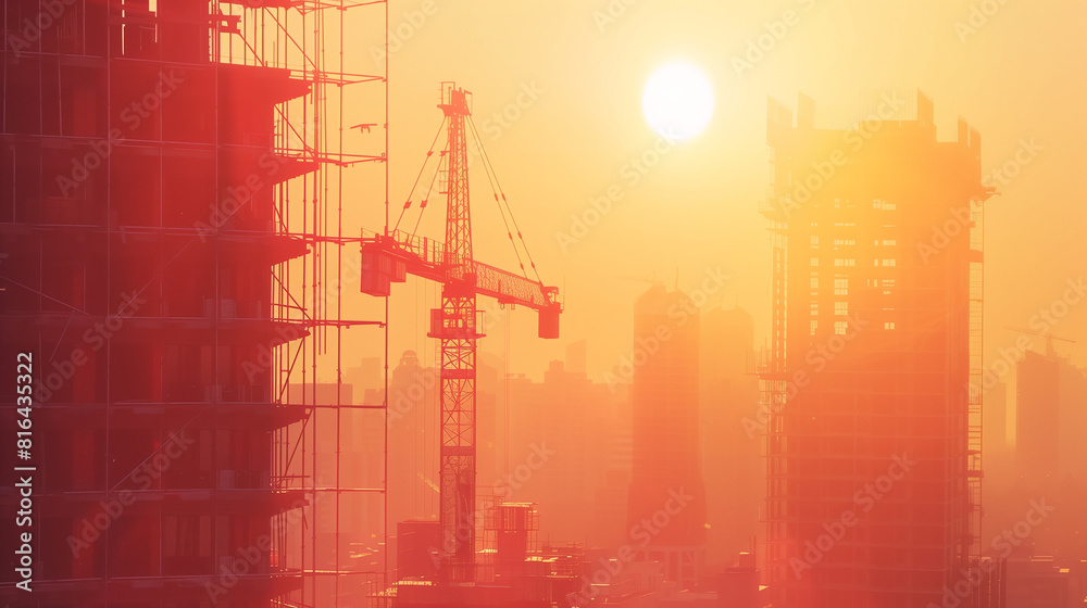 Fototapeta premium A group of construction workers are working on a building in the evening. The sky is orange and the sun is setting