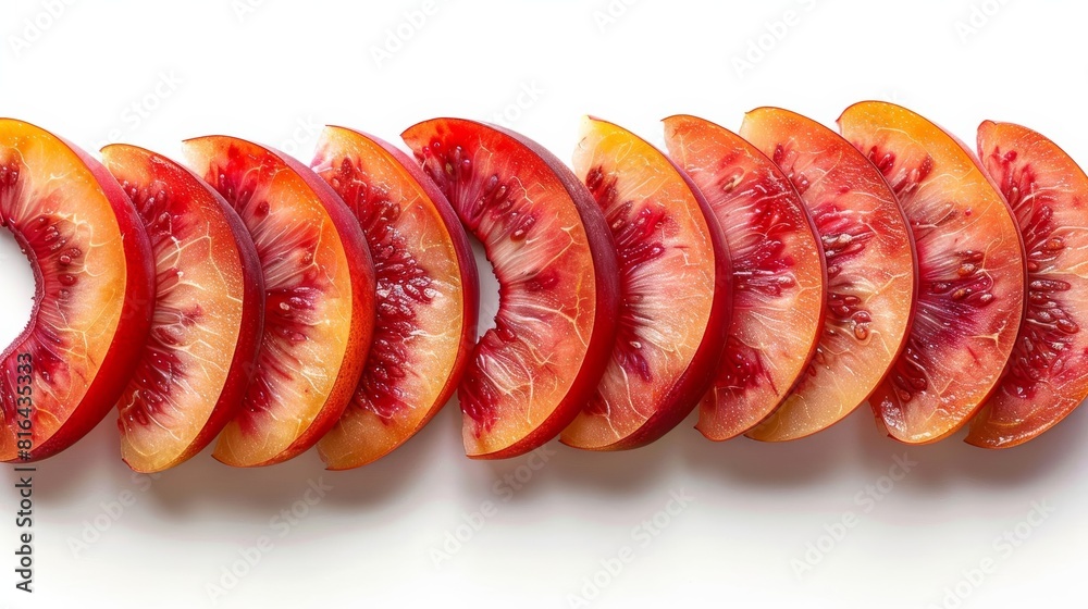 Sliced nectarines arranged in a semicircle on a white background Sliced nectarines arranged in a semicircle on a white background