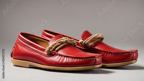 A pair of red leather loafers on white background