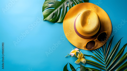 Beautiful summer banner with yellow straw hat, sunglasses and monstera leaf on blue background with copy space for text