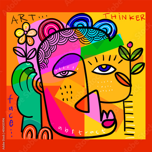 Colorful abstract face portrait doodle cubism art style, decorative, line art hand drawn vector illustration. Aesthetic design for wall art, decoration, poster,card and cover.