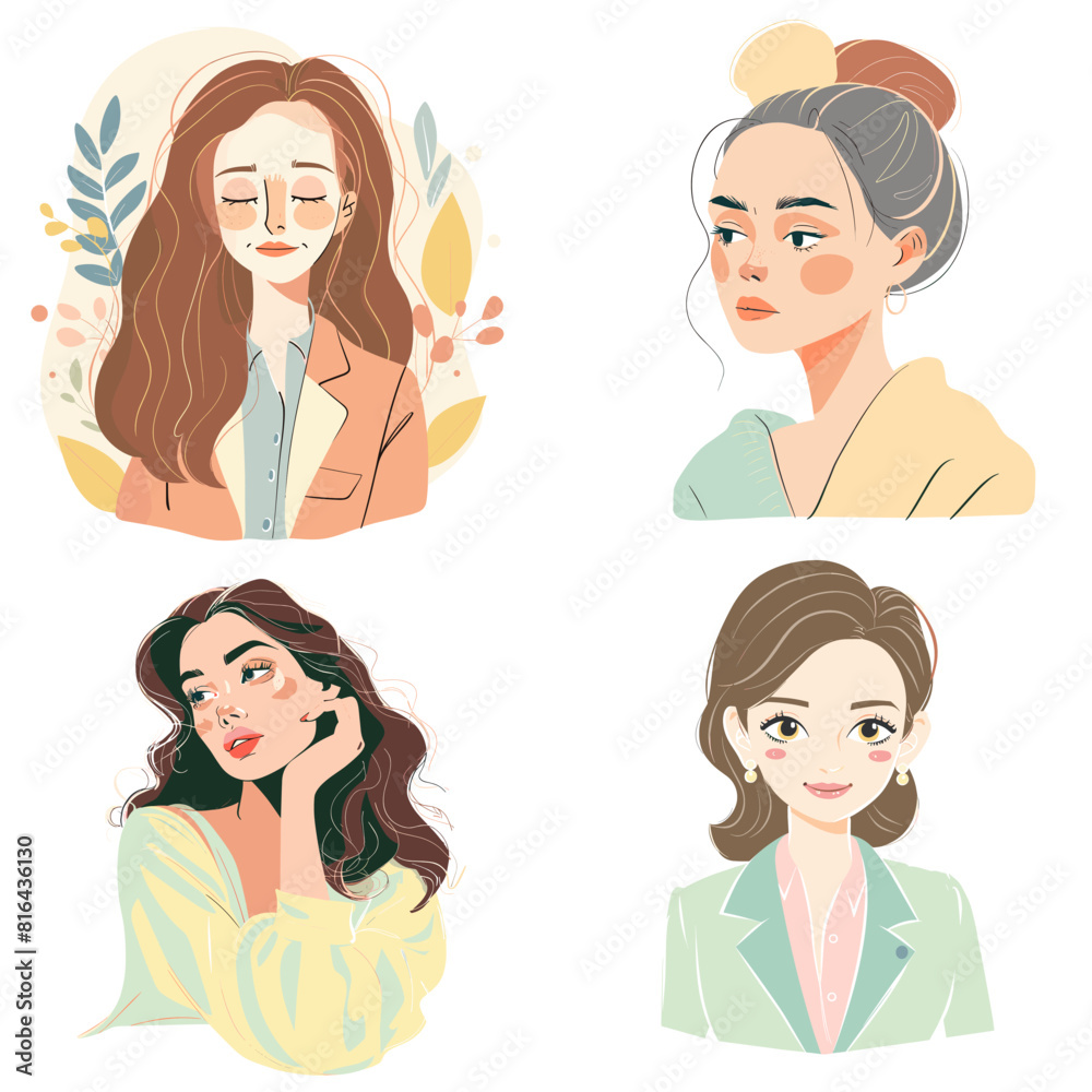 A set of four elegant vector illustrations of women with different expressions—calm, serious, dreamy, and confident. Perfect for beauty, fashion, emotions, and character design concepts. A set of four elegant vector illustrations of women with different expressions—calm, serious, dreamy, and confident. Perfect for beauty, fashion, emotions, and character design concepts.